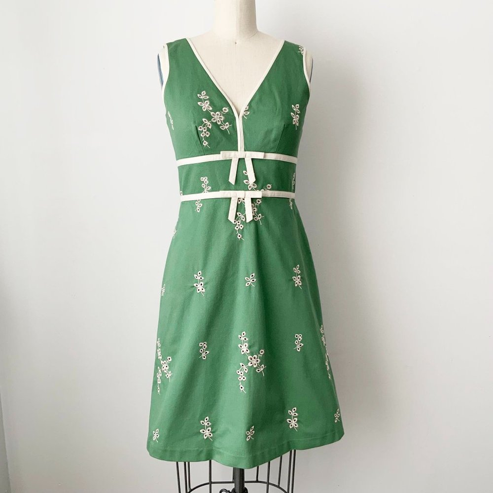 SANDRA ANGELOZZI Green Cotton and White Floral Sleeveless Empire Waist Dress